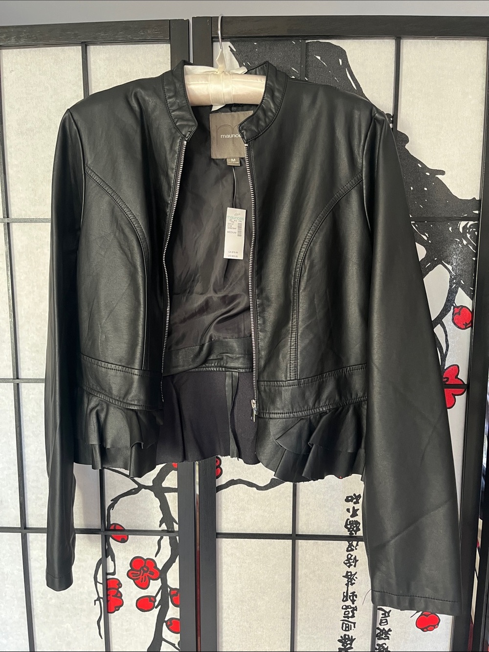 Maurices Black Faux Leather Ruffle-Hem Jacket baddie biker NWT